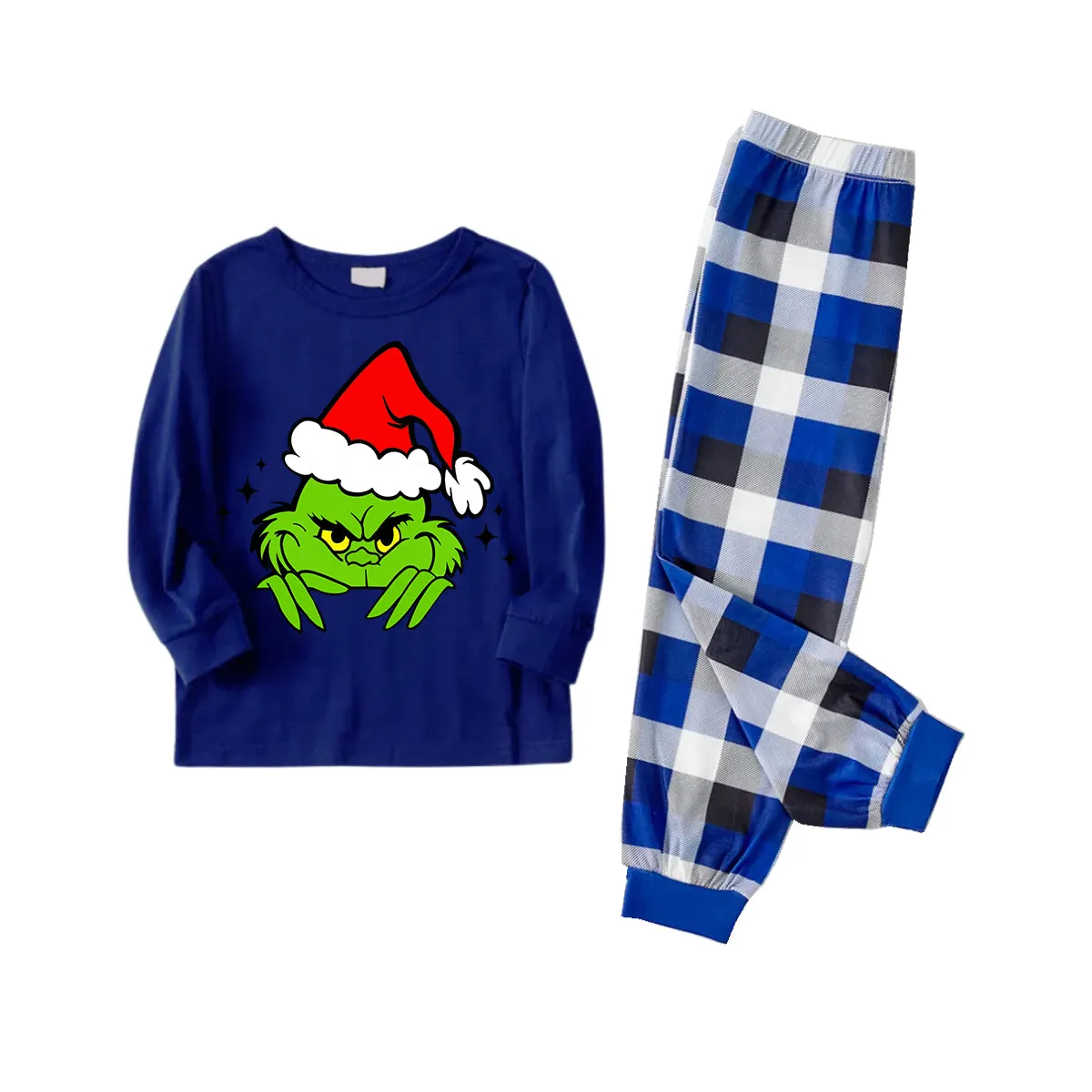 Christmas Cute Green Cartoon Pattern 2024 Blue Long Sleeves with Blue&White&Black Plaid Pants Family Matching Pajamas