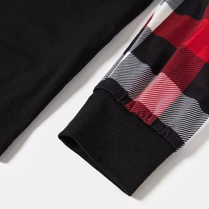 Christmas ‘ Family Christmas 2024’ Letter Print Patterned Casual Long Sleeve Sweatshirts Contrast Tops and Red & Black & White Plaid Pants Family Matching Pajamas Set With Dog Bandana