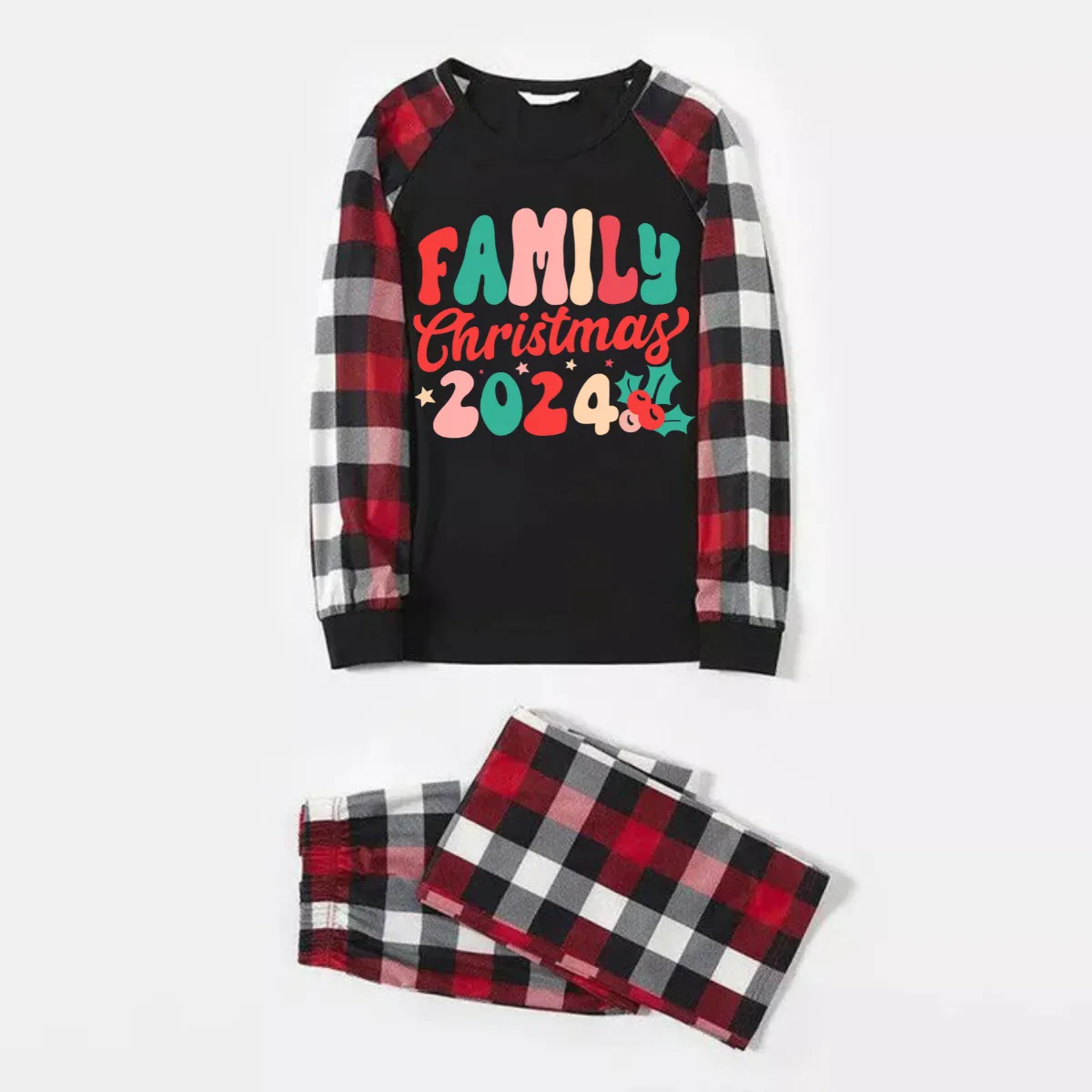 Christmas ‘ Family Christmas 2024’ Letter Print Patterned Casual Long Sleeve Sweatshirts Contrast Tops and Red & Black & White Plaid Pants Family Matching Pajamas Set With Dog Bandana