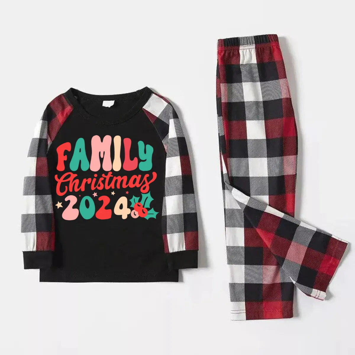 Christmas ‘ Family Christmas 2024’ Letter Print Patterned Casual Long Sleeve Sweatshirts Contrast Tops and Red & Black & White Plaid Pants Family Matching Pajamas Set With Dog Bandana