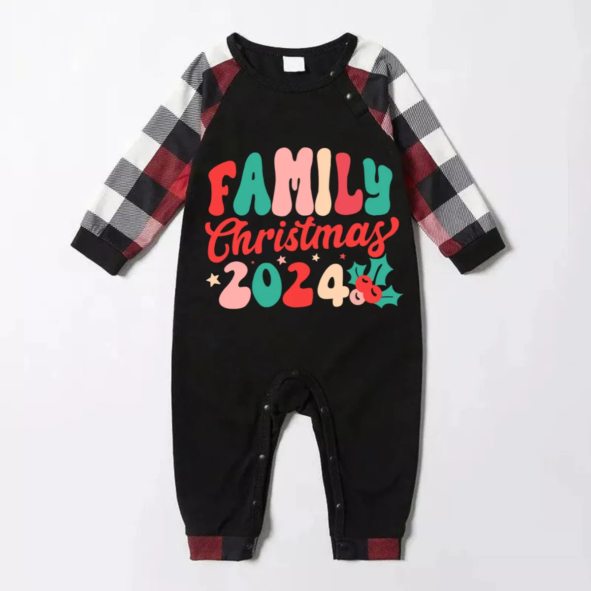 Christmas ‘ Family Christmas 2024’ Letter Print Patterned Casual Long Sleeve Sweatshirts Contrast Tops and Red & Black & White Plaid Pants Family Matching Pajamas Set With Dog Bandana