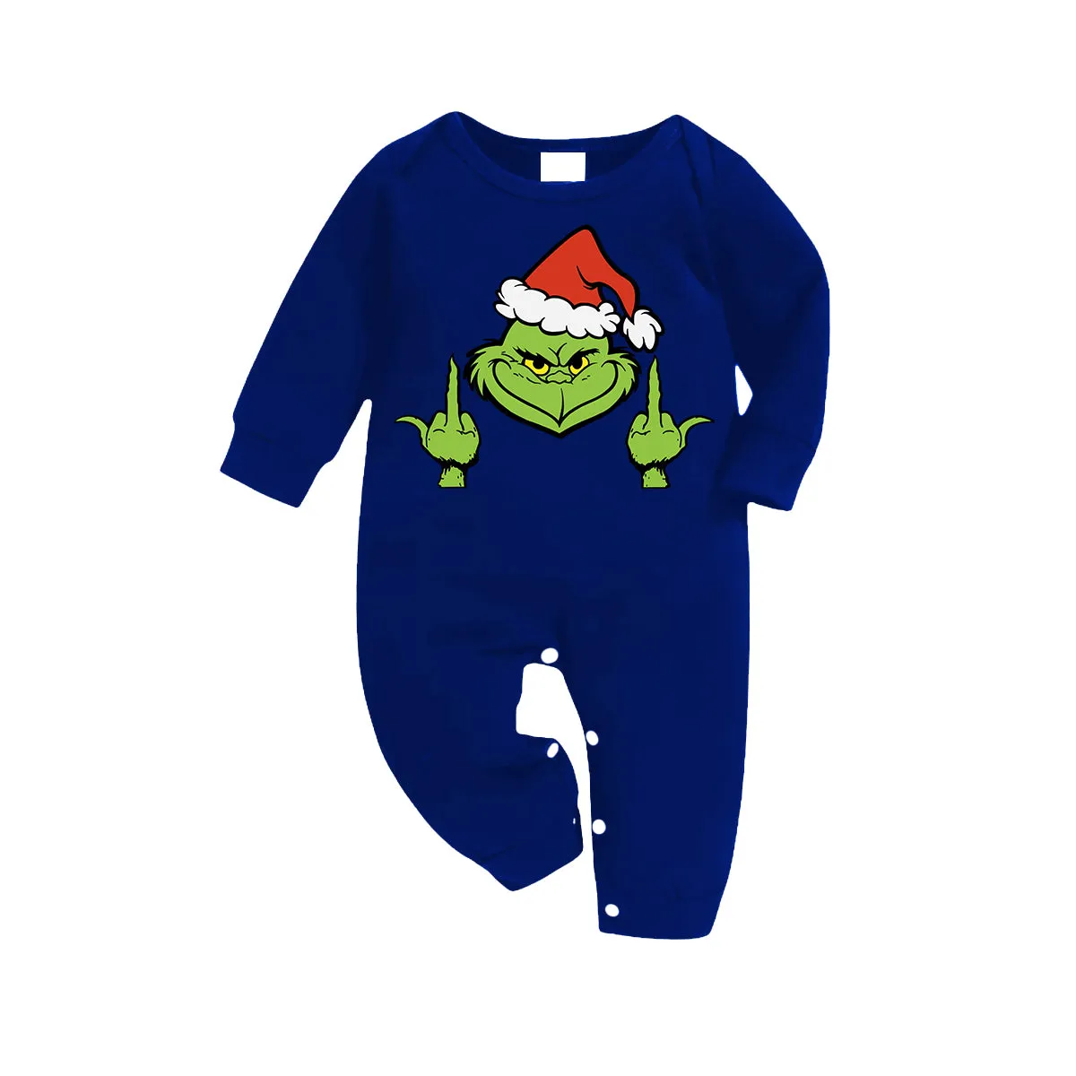 Christmas Green Cartoon Character With Santa Hat Pattern Print Blue Top And Blue & White Pants Family Matching Pajamas