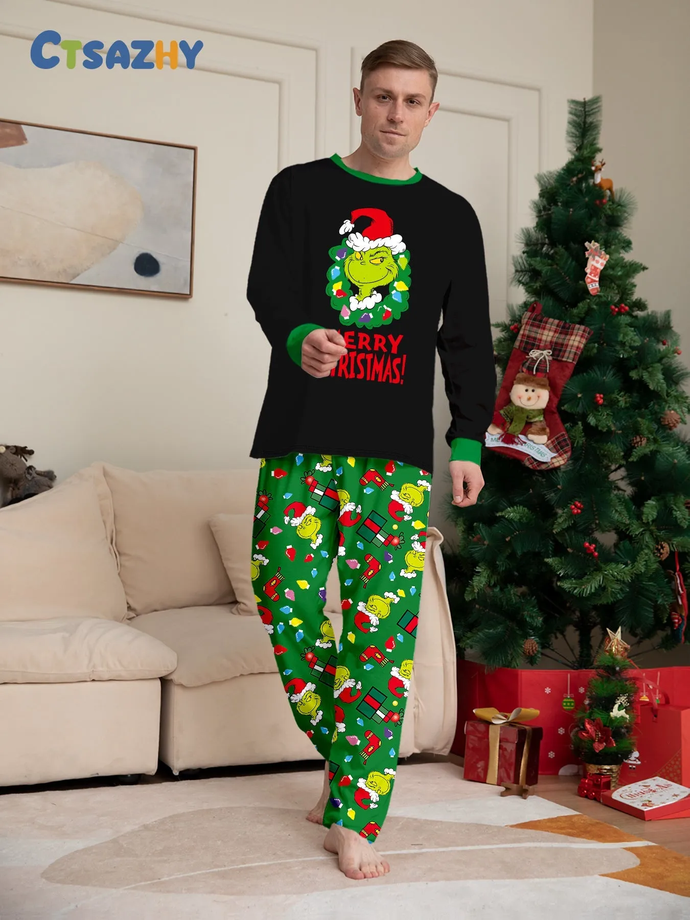 Christmas Grinch Family Pajama Set Holiday Pjs Set Regular & Big Man Sizes