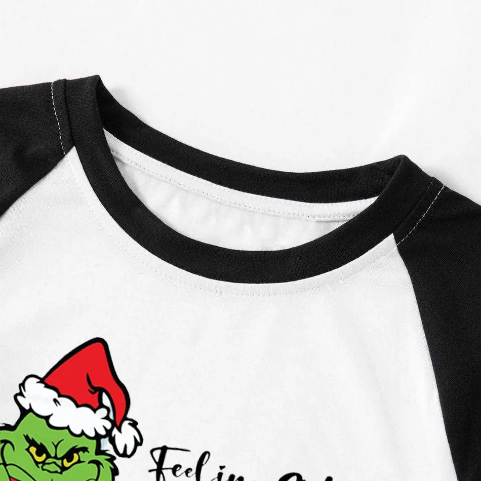 Christmas Hat Cartoon And Letter Print Splice Contrast Top and Black and Green Plaid Pants Family Matching Pajamas Sets