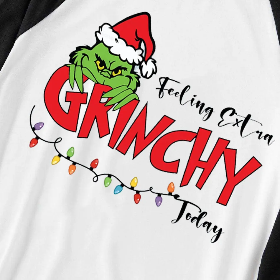 Christmas Hat Cartoon And Letter Print Splice Contrast Top and Black and Green Plaid Pants Family Matching Pajamas Sets