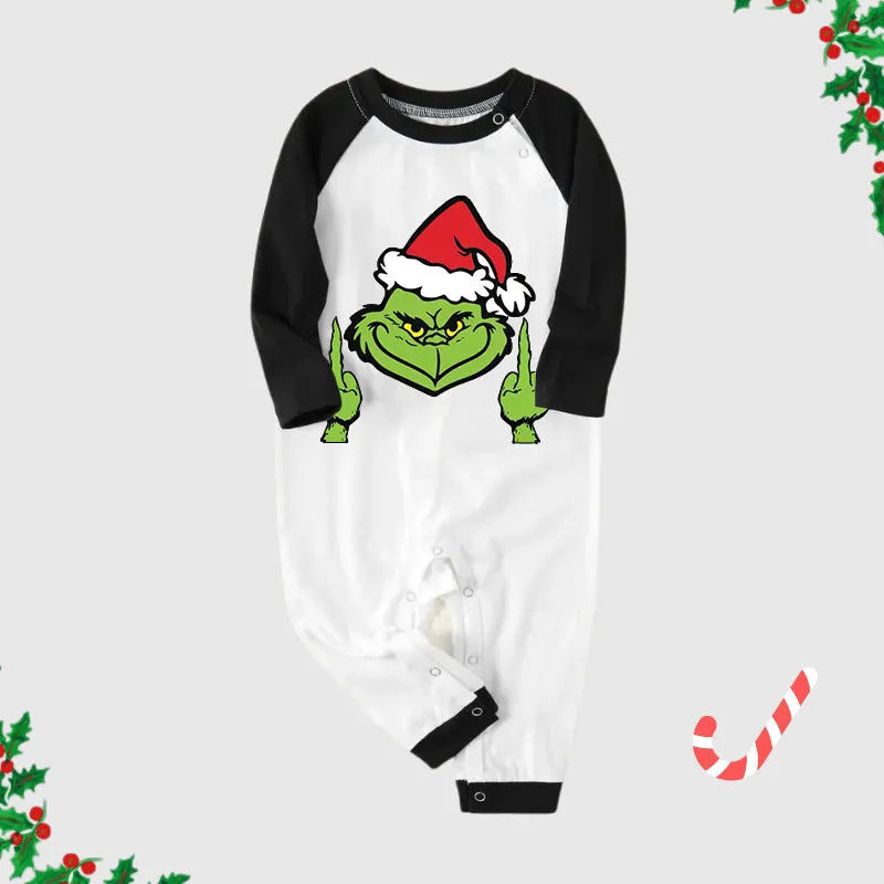 Christmas Hat Cartoon Print Splice Contrast Top and Black and Green Plaid Pants Family Matching Pajamas Sets