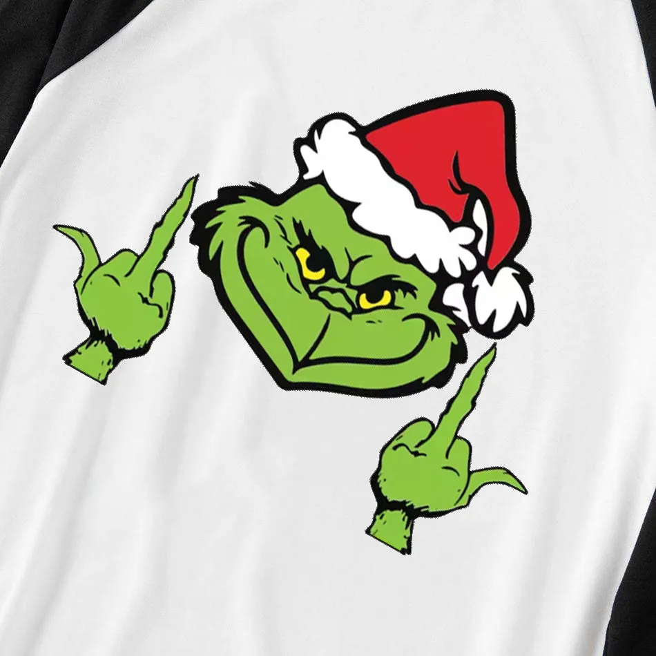Christmas Hat Cartoon Print Splice Contrast Top and Black and Green Plaid Pants Family Matching Pajamas Sets
