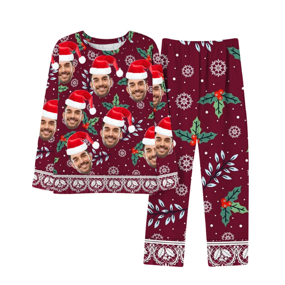 Christmas Holly Snowflake Print Red Customized Long Sleeve Pajamas Home Wear