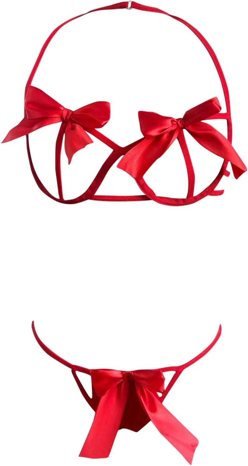 Christmas Lingerie for Women Sexy Cut Out Lingerie Set Two Piece Bra and Panty Bow Tie Silk Satin Strap Bralette Sleepwear