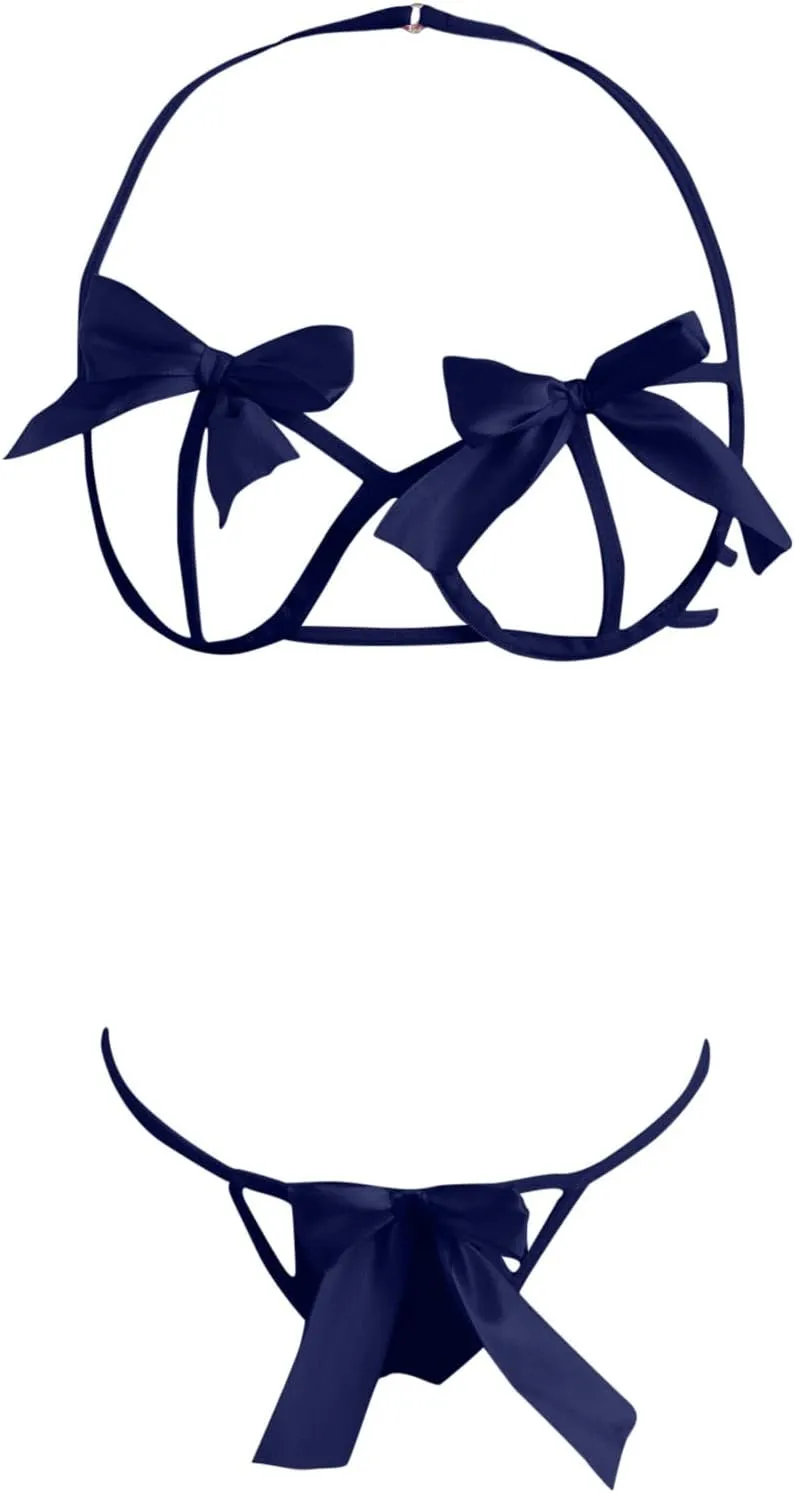 Christmas Lingerie for Women Sexy Cut Out Lingerie Set Two Piece Bra and Panty Bow Tie Silk Satin Strap Bralette Sleepwear
