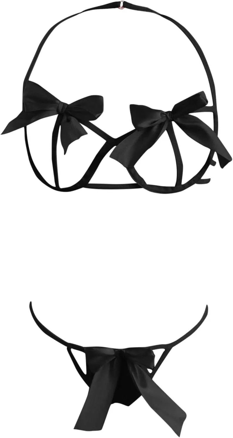 Christmas Lingerie for Women Sexy Cut Out Lingerie Set Two Piece Bra and Panty Bow Tie Silk Satin Strap Bralette Sleepwear