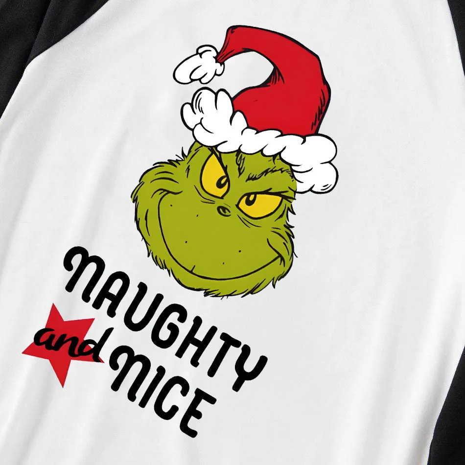 Christmas "Naughty&Nice" Letter Print Patterned Casual Long Sleeve Sweatshirts Black Contrast Top and Black and Green Plaid Pants Family Matching Pajamas Sets With Pet Bandana
