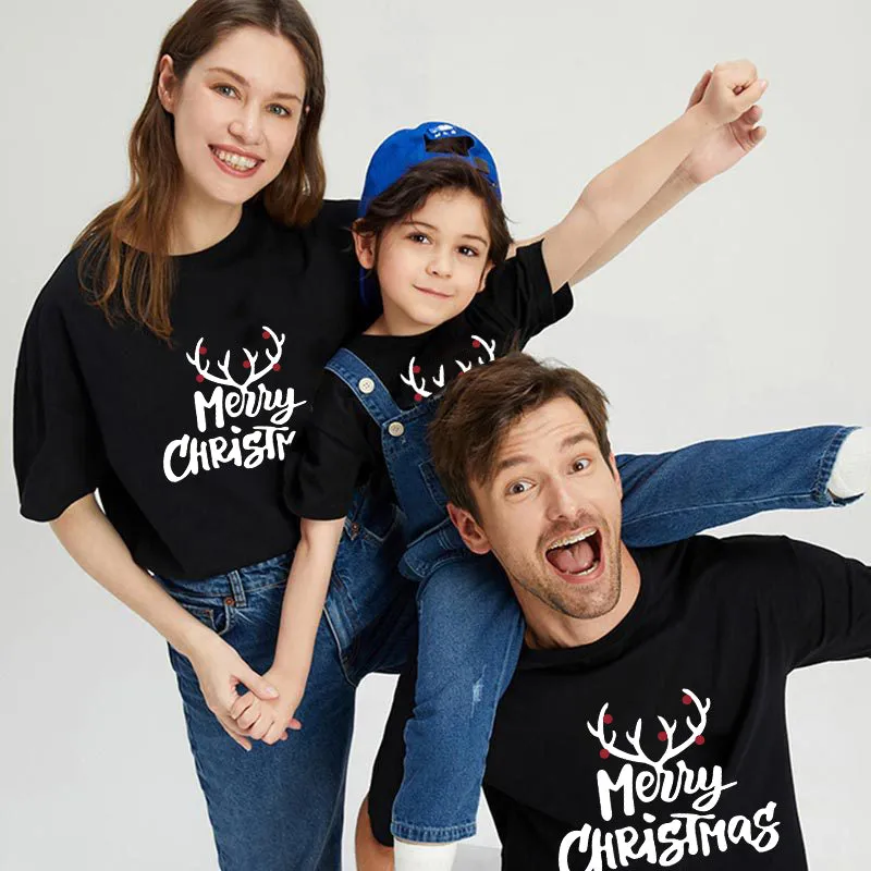 Christmas Reindeer Antlers 'Merry Chirstmas' Pattern Family Christmas Matching Pajamas Tops Cute Black Short Sleeve T-shirts With Dog Bandana