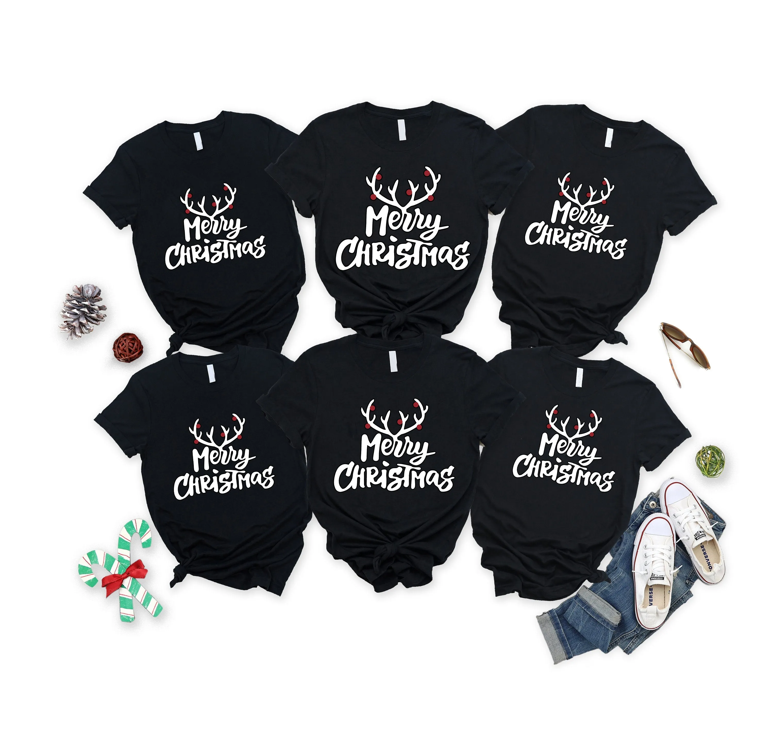 Christmas Reindeer Antlers 'Merry Chirstmas' Pattern Family Christmas Matching Pajamas Tops Cute Black Short Sleeve T-shirts With Dog Bandana