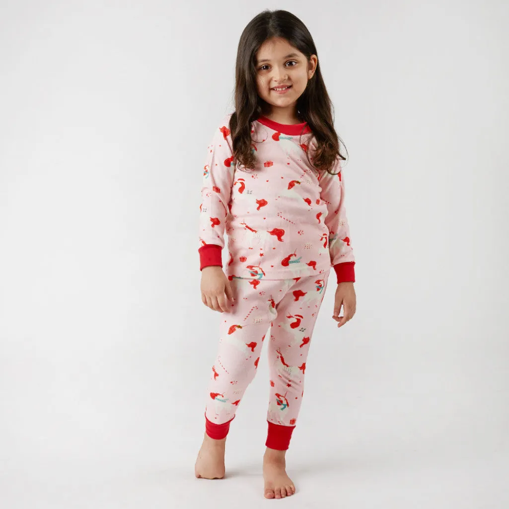 Christmas Unicorn Jersey Pajama Set For Kids