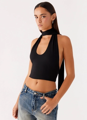 Chrysta Halterneck Top - Black Quick Release Fasteners Raw Edge Detail