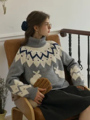 Cielo Turtleneck SR Exclusive Bunny Design Fair Isle Wool Sweater ReinforcedShoulders