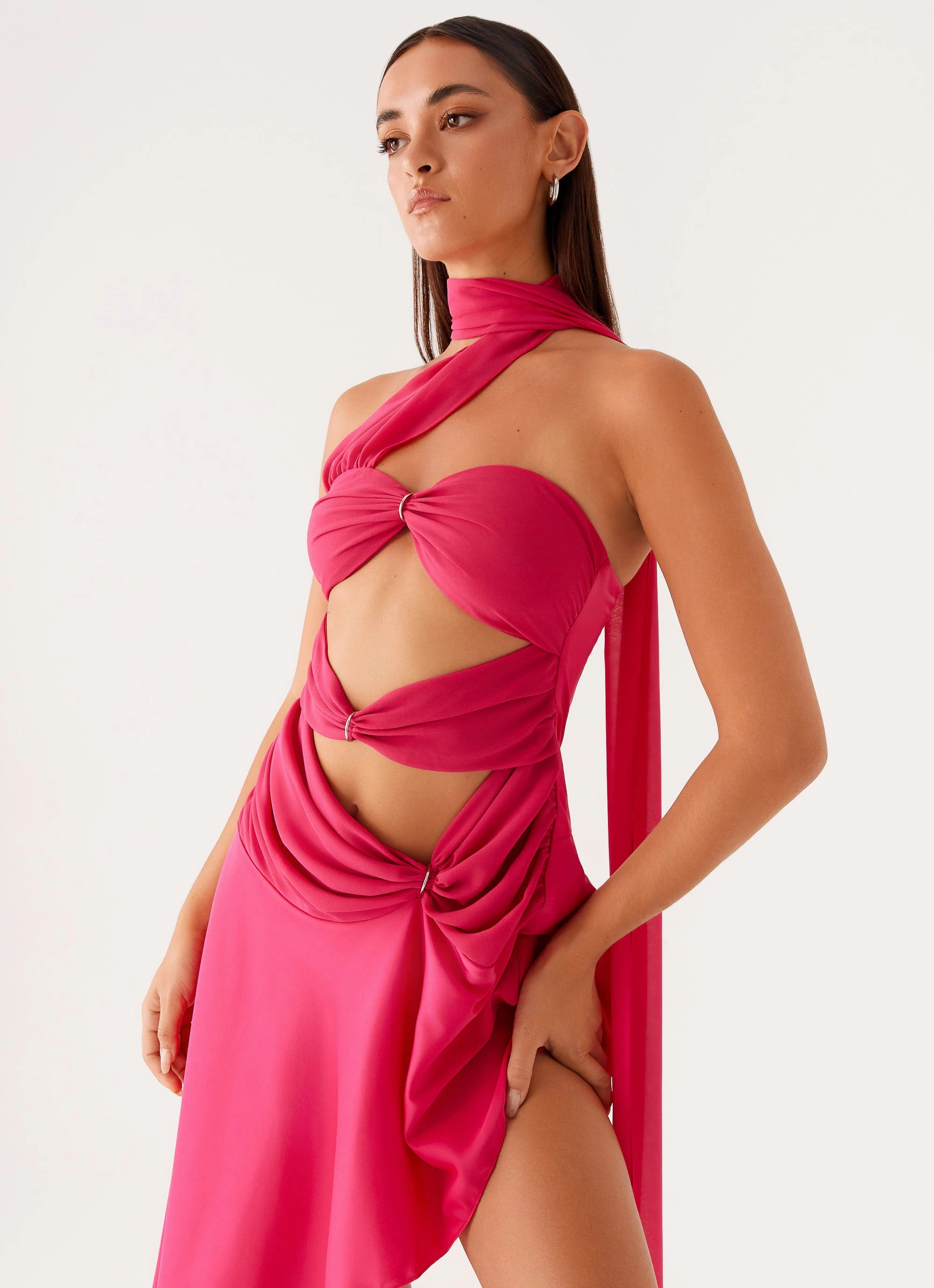 Circa Scarf Midi Dress - Hot Pink Functional-Design Quilted-Texture