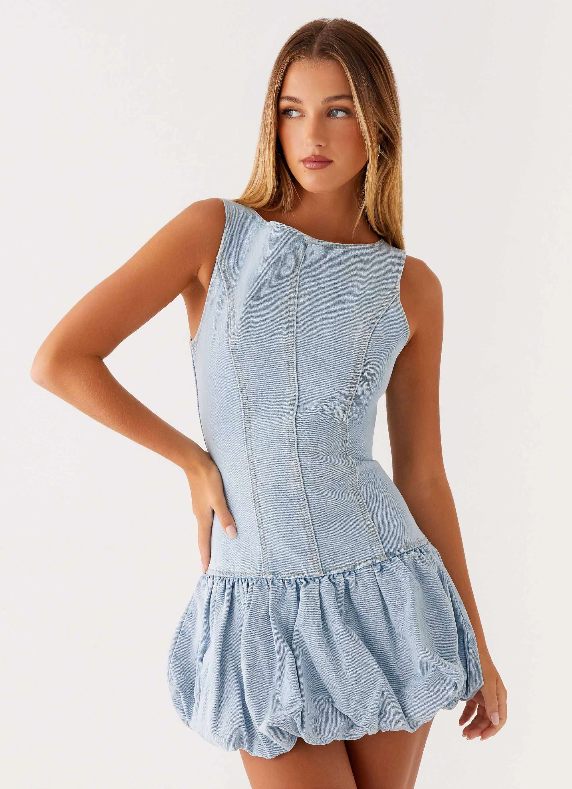 Meg Bubble Denim Mini Dress - Blue Outfit Vibes Chill Vibe