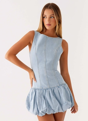 Meg Bubble Denim Mini Dress - Blue Outfit Vibes Chill Vibe