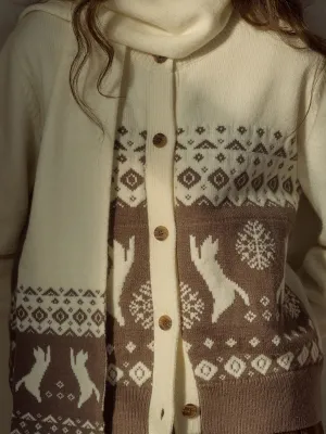 Sandwich Mesh Panel Structure Giana SR Exclusive Cat & Snowflake Jacquard Round Neck Fair Isle Cardigan (With Scarf)