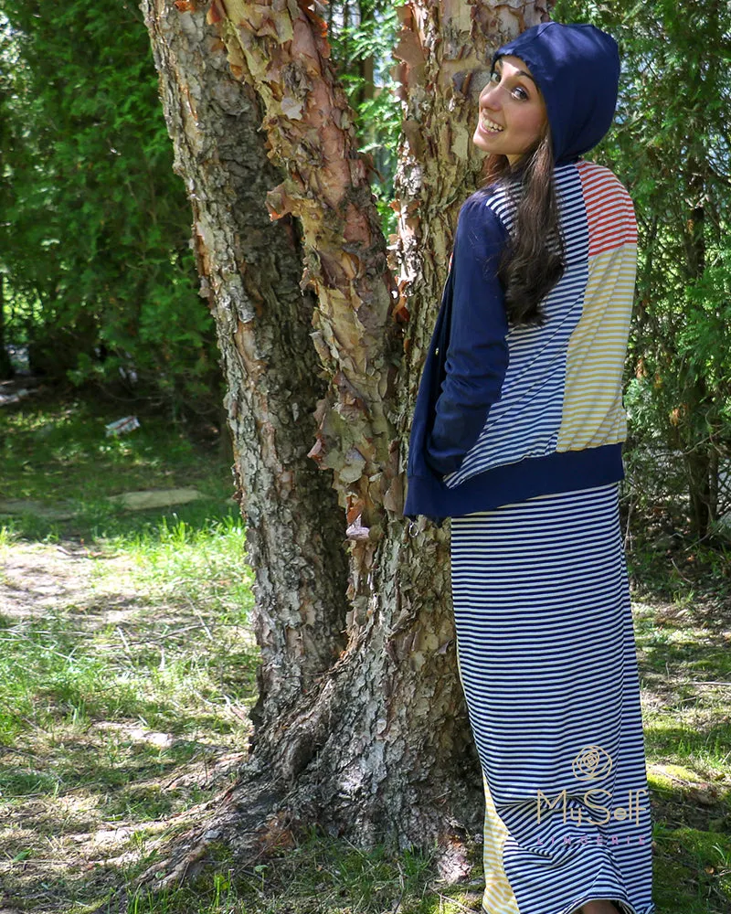 Citrus Navy Zip Up Hoodie with Yellow and Orange Stripes