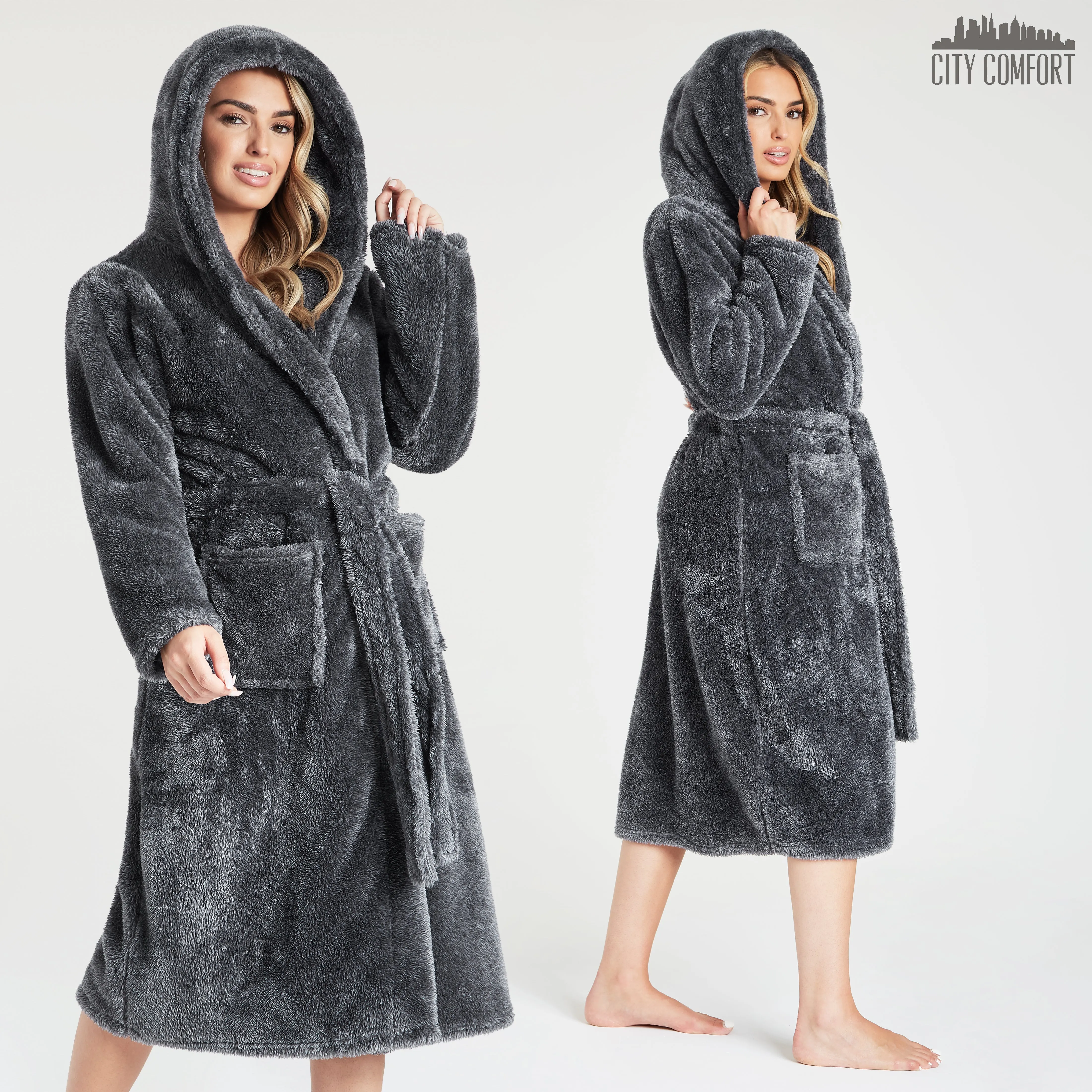 CityComfort Dressing Gown Women with Hood,  Ladies Dressing Gown in Super Soft Fleece