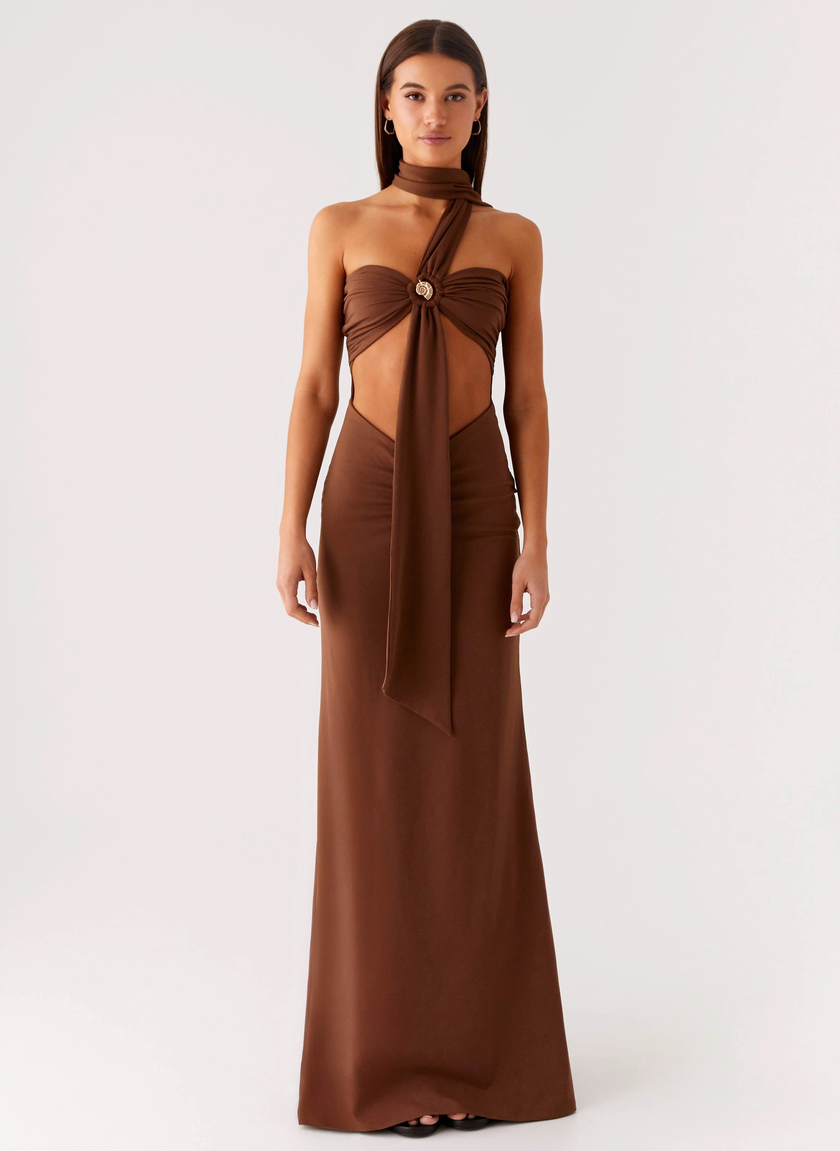 Zip Closure Olive Bloom Maxi Dress - Chocolate