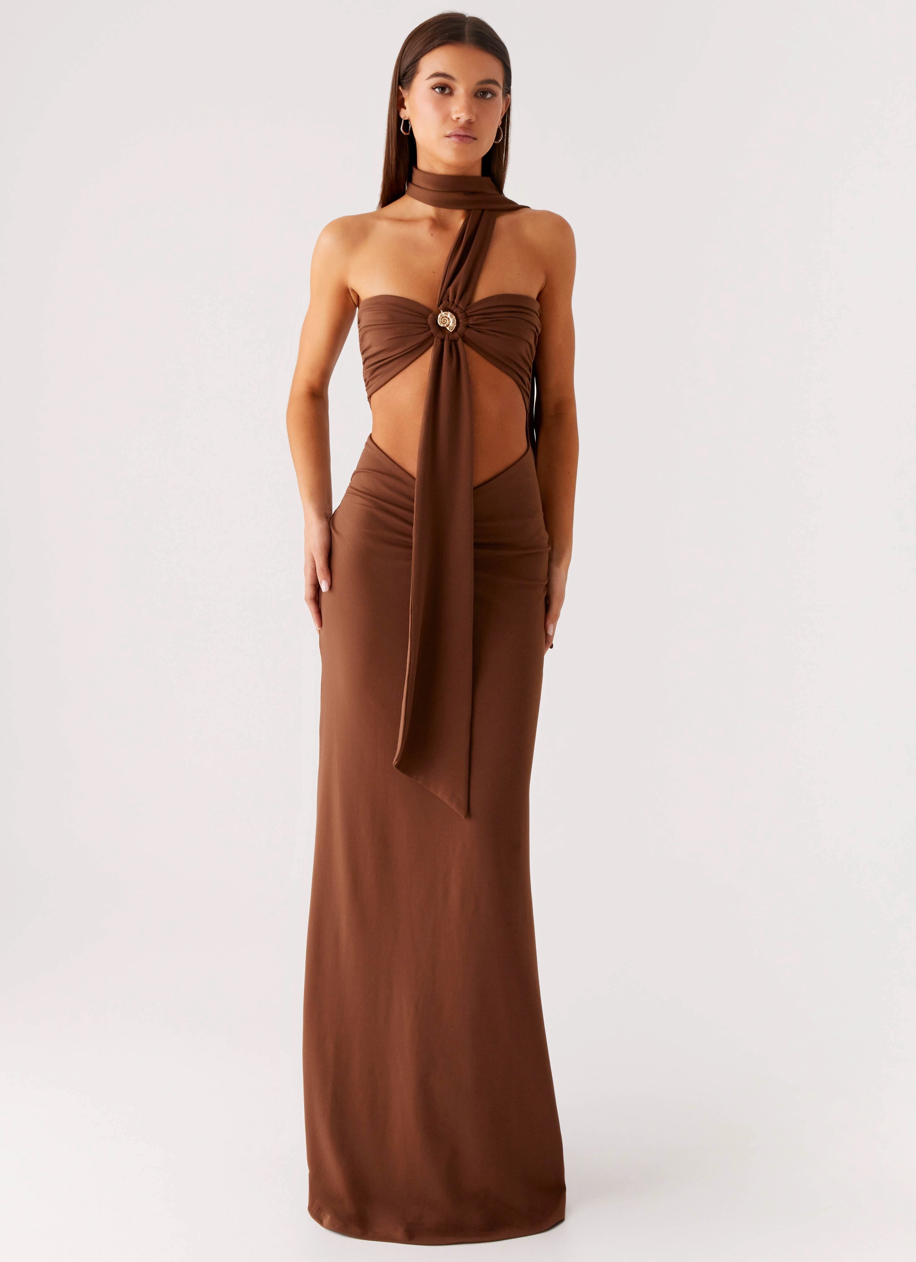 Cool Motion Soft Fabric Olive Bloom Maxi Dress - Chocolate