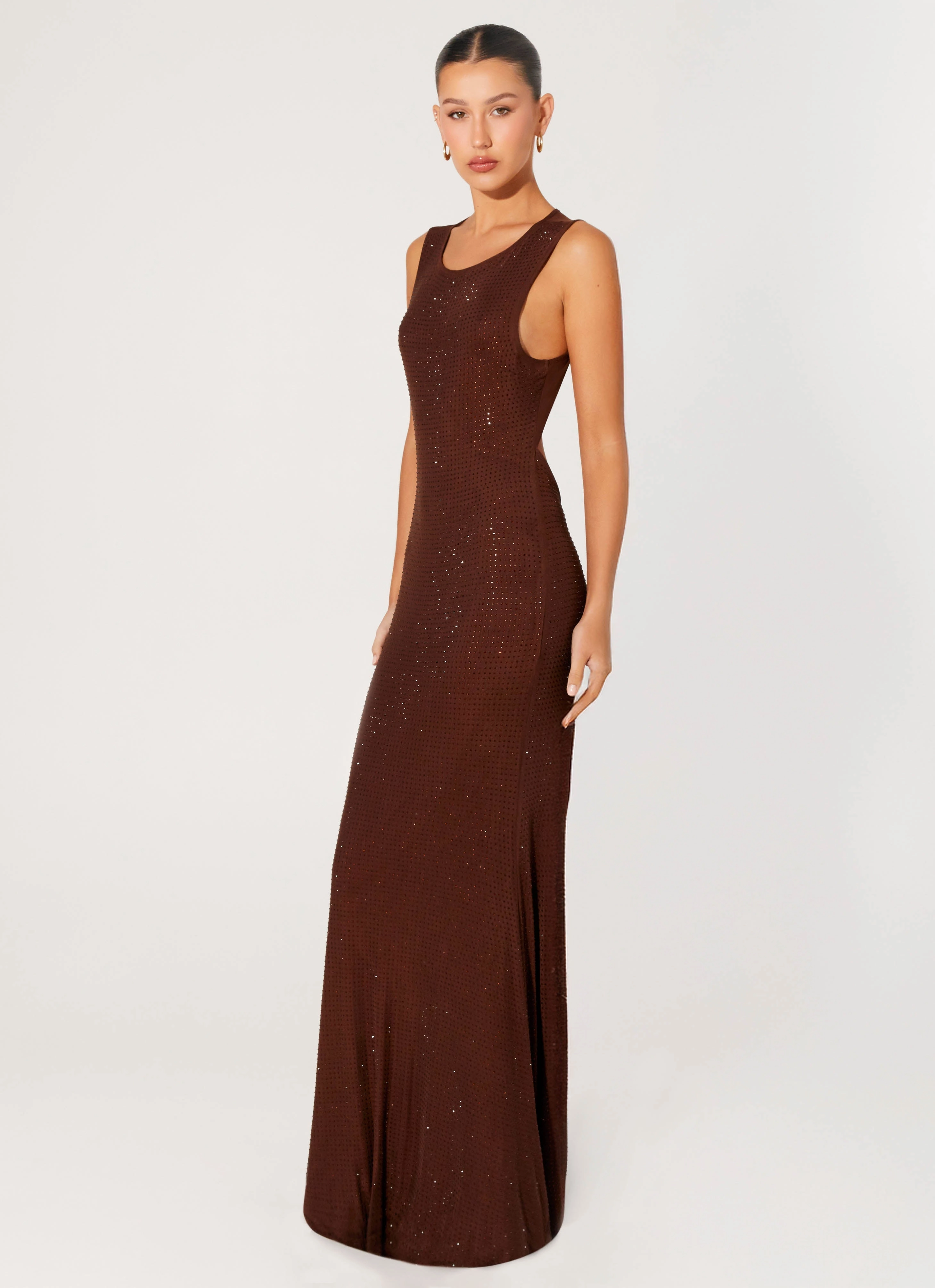 Sophisticated Waist Fit Hot Sequins Maxi Dress - Chocolate