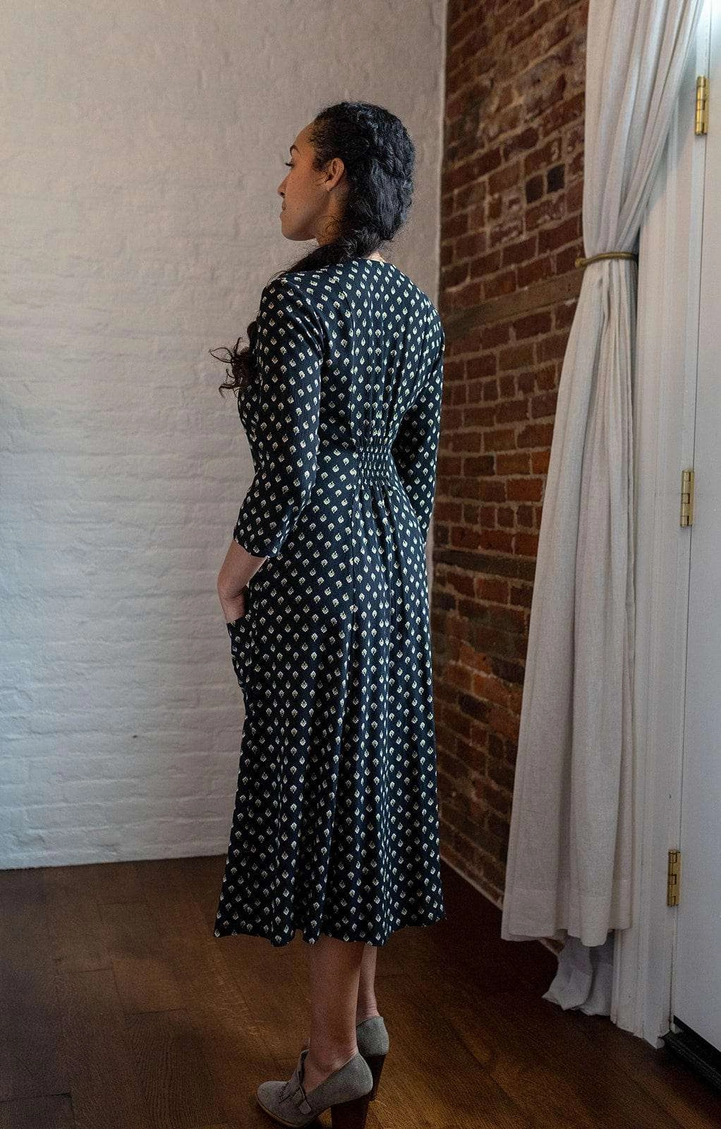 Fiona Dress in Black Floral Crepe Simple Flow Romantic Bloom