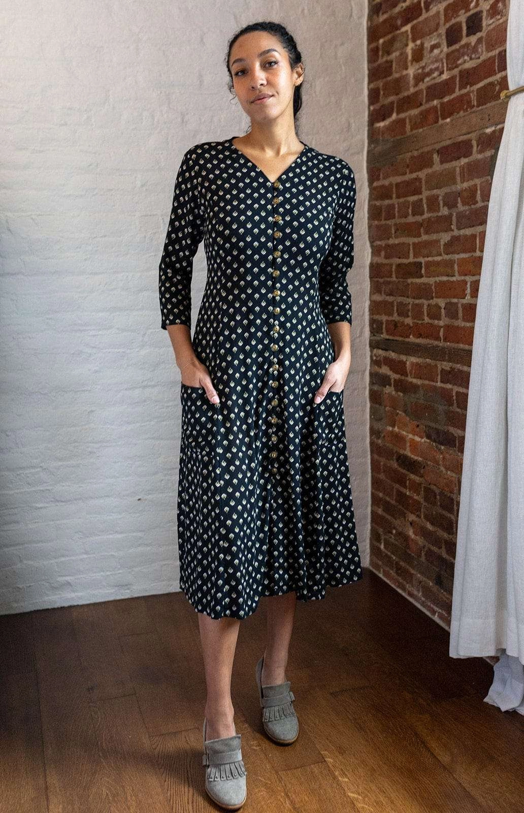 Fiona Dress in Black Floral Crepe Comfortable Shape Eye Appeal