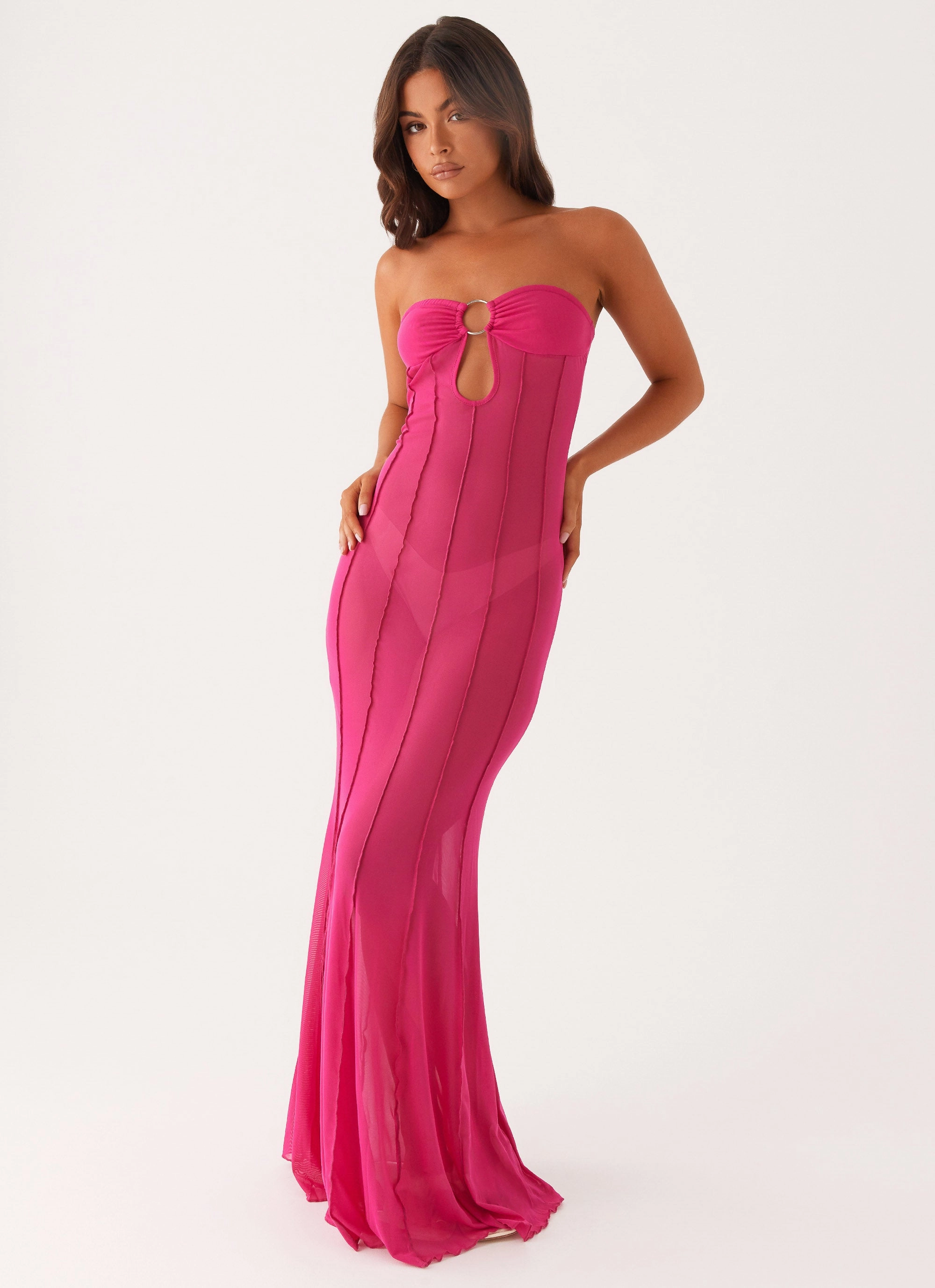Mesh-Detail Natural Silhouette Kennedy Maxi Dress - Fuchsia