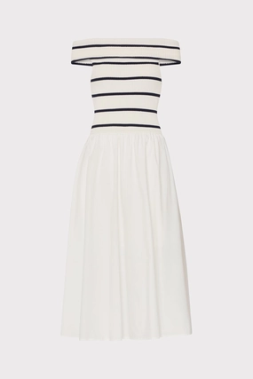 velvet feel Off The Shoulder Stripe Knit Poplin Midi Dress