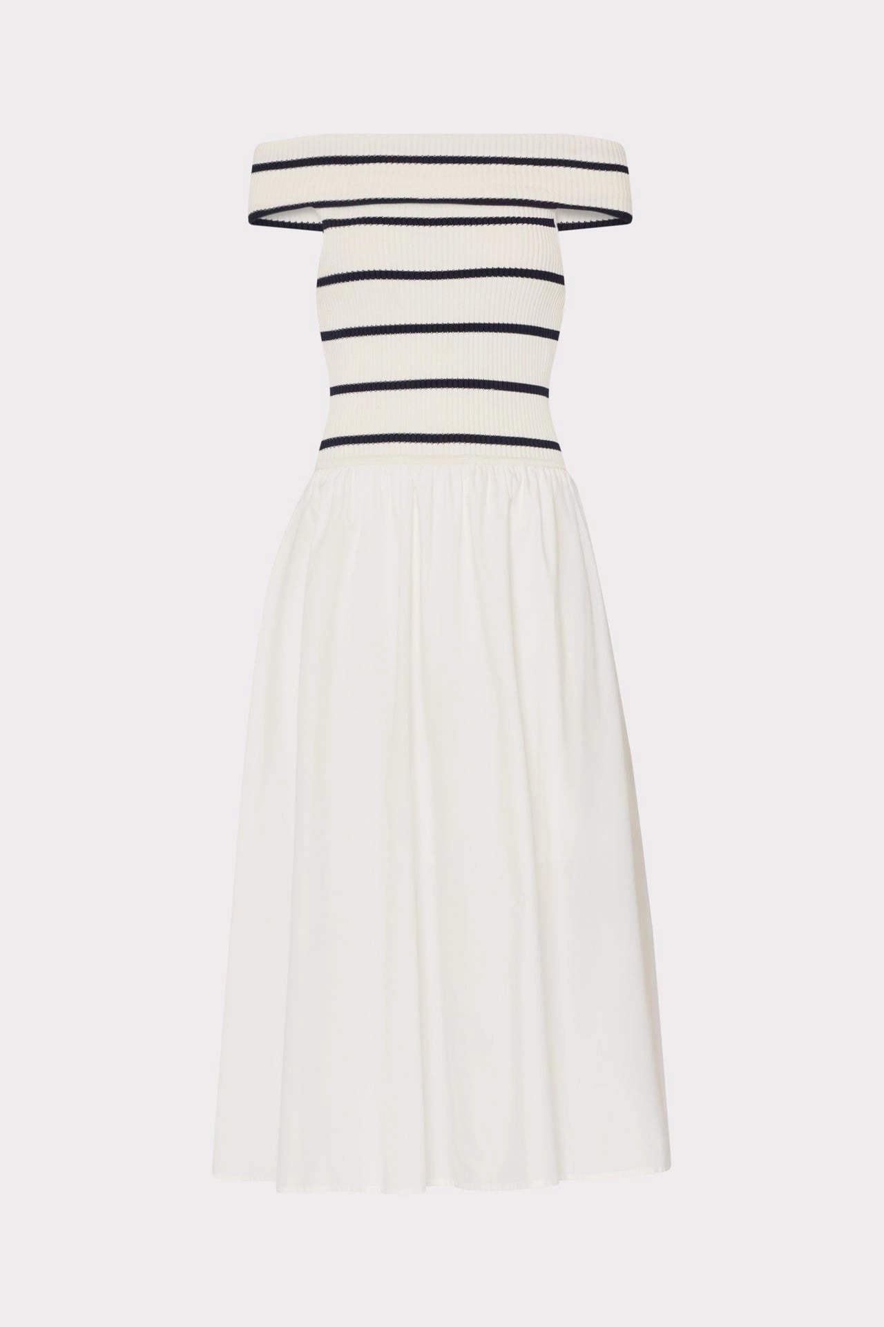 Casual Pick Off The Shoulder Stripe Knit Poplin Midi Dress