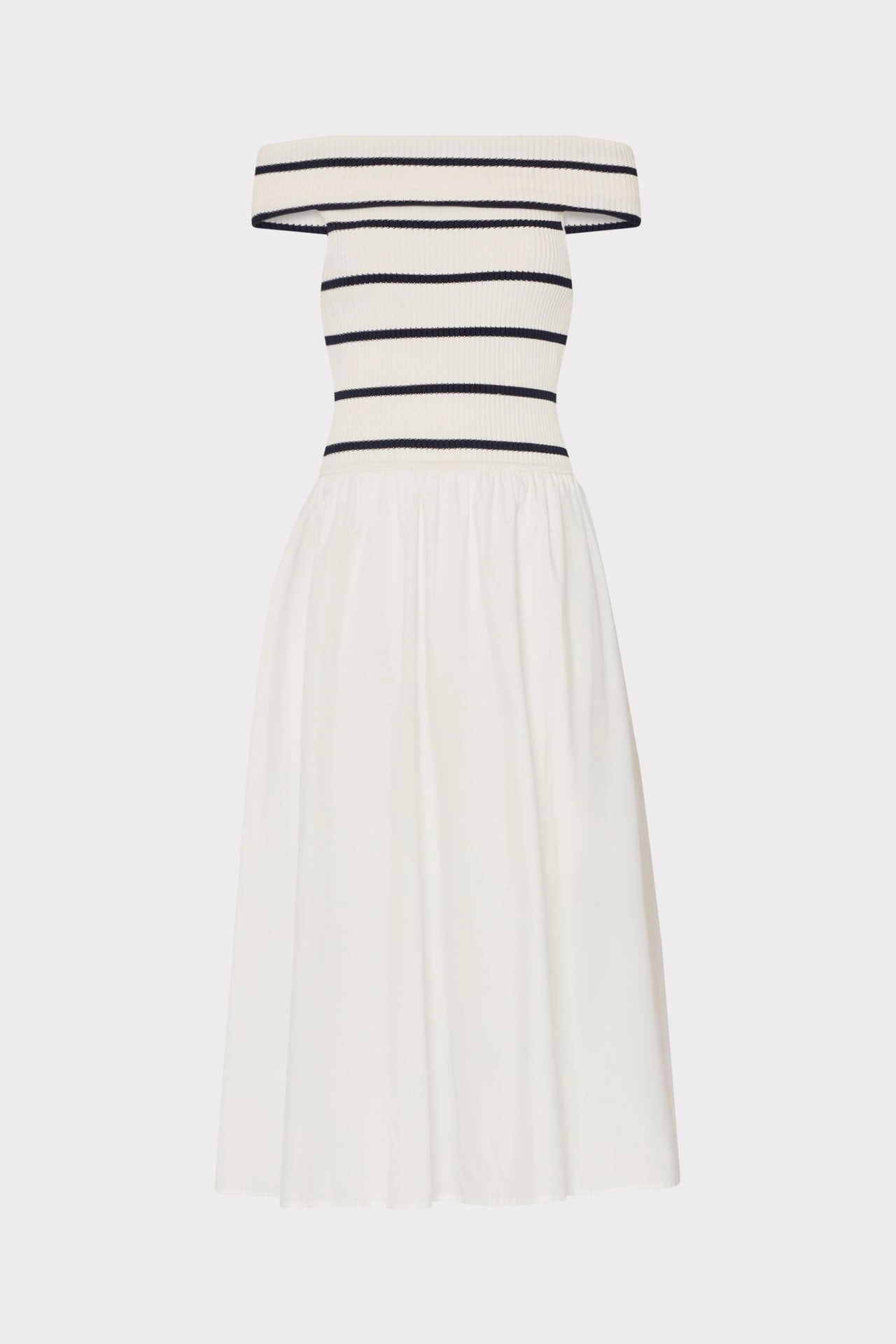 velvet feel Off The Shoulder Stripe Knit Poplin Midi Dress