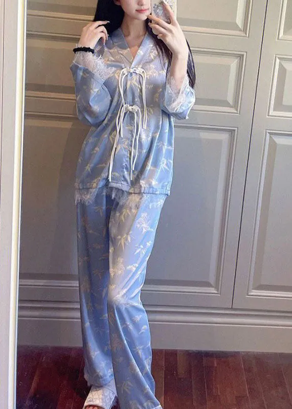 Classy Purple Tasseled Lace Patchwork Ice Silk Two-Piece Set Pajamas Long Sleeve
