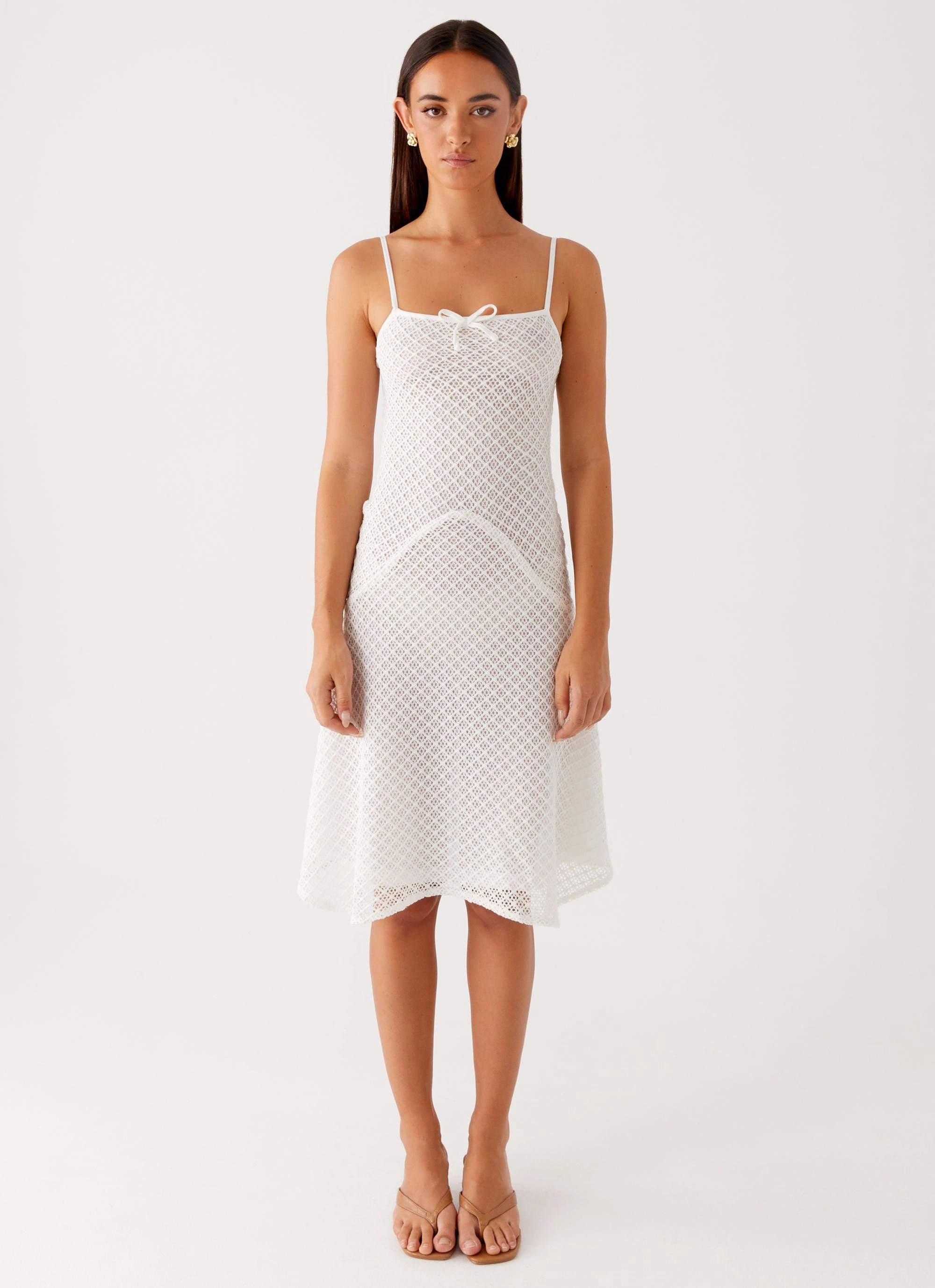 Satin-Finish Timeless fitted silhouette Tamar Midi Dress - White