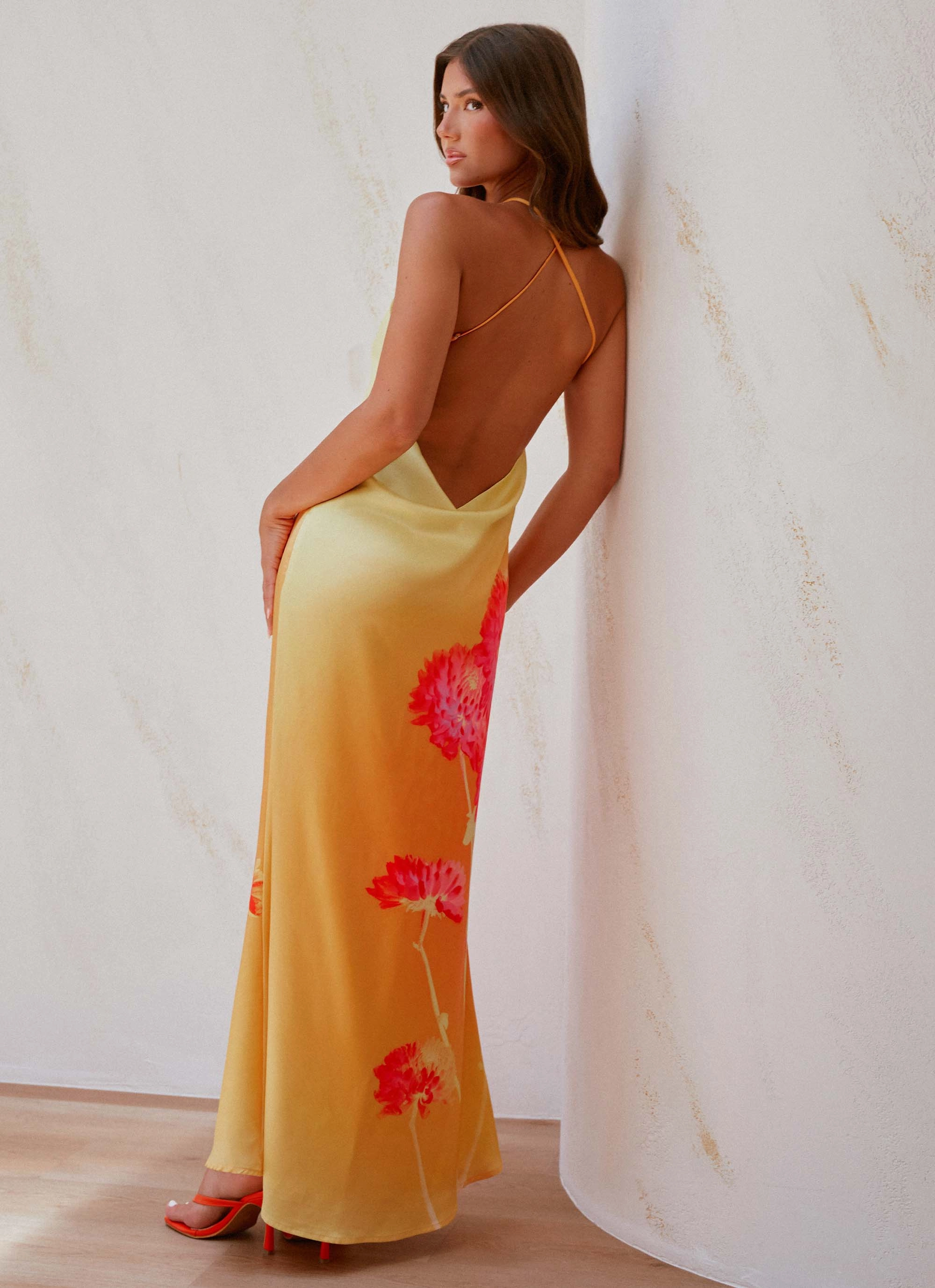 Chloe Maxi Dress - Orange Floral Event Favorite Piped-Edge