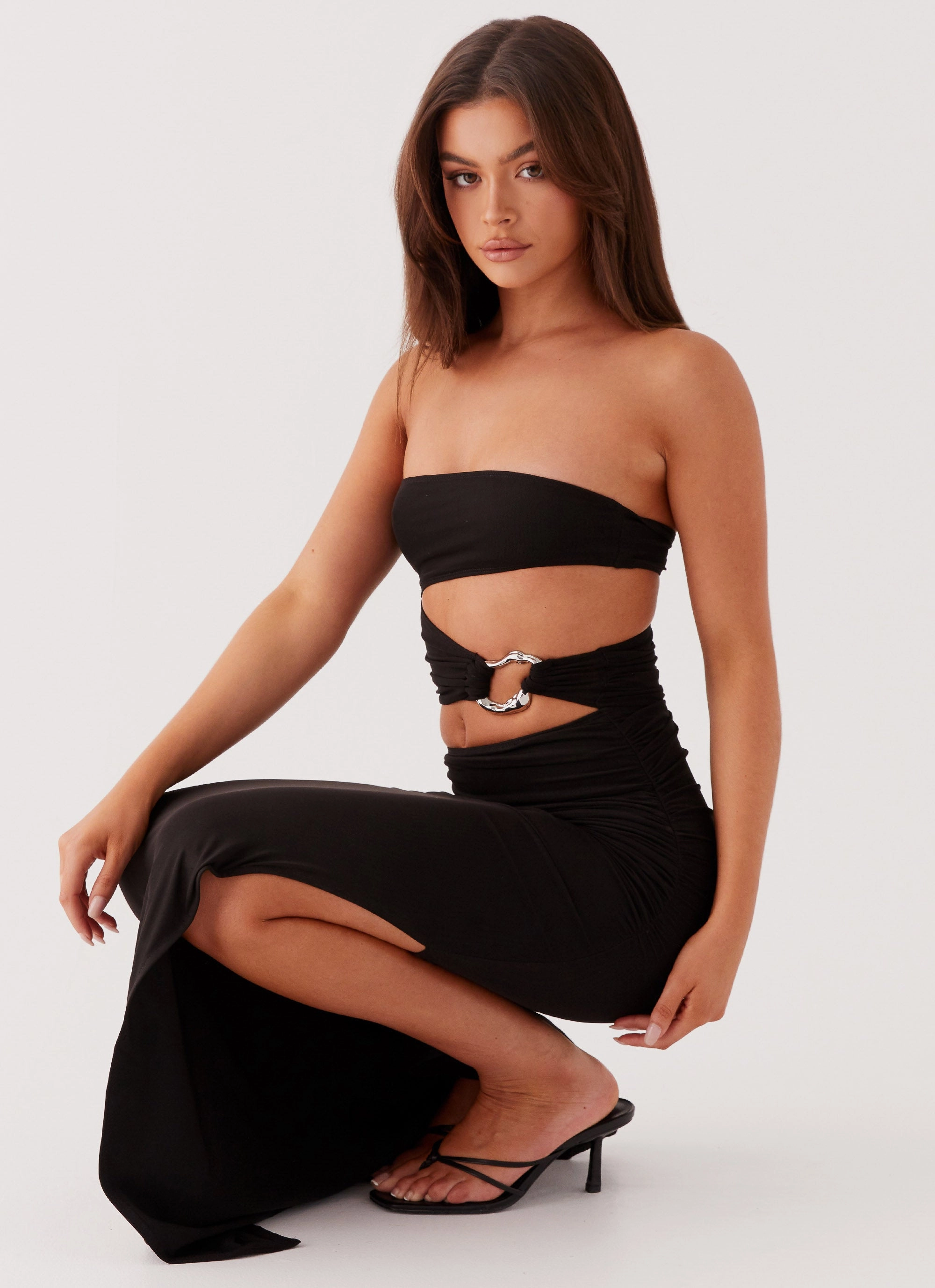 Layer Safe Drape Wave Into Pieces Mesh Maxi Dress - Black