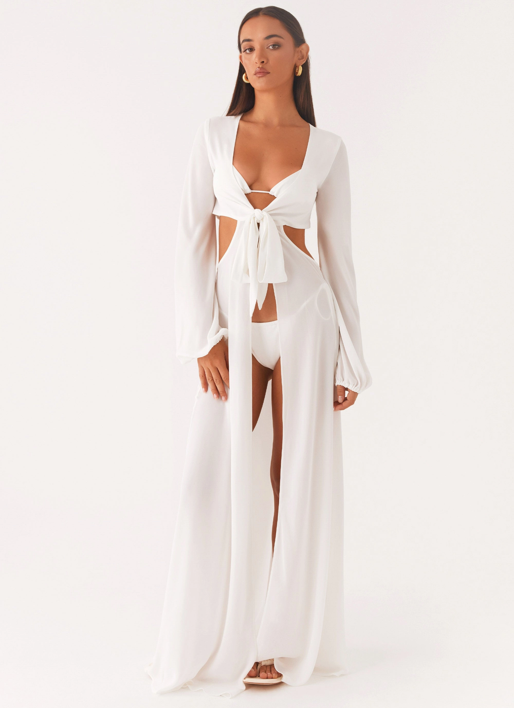 Bishop-Sleeve Coastal Maxi Dress - White