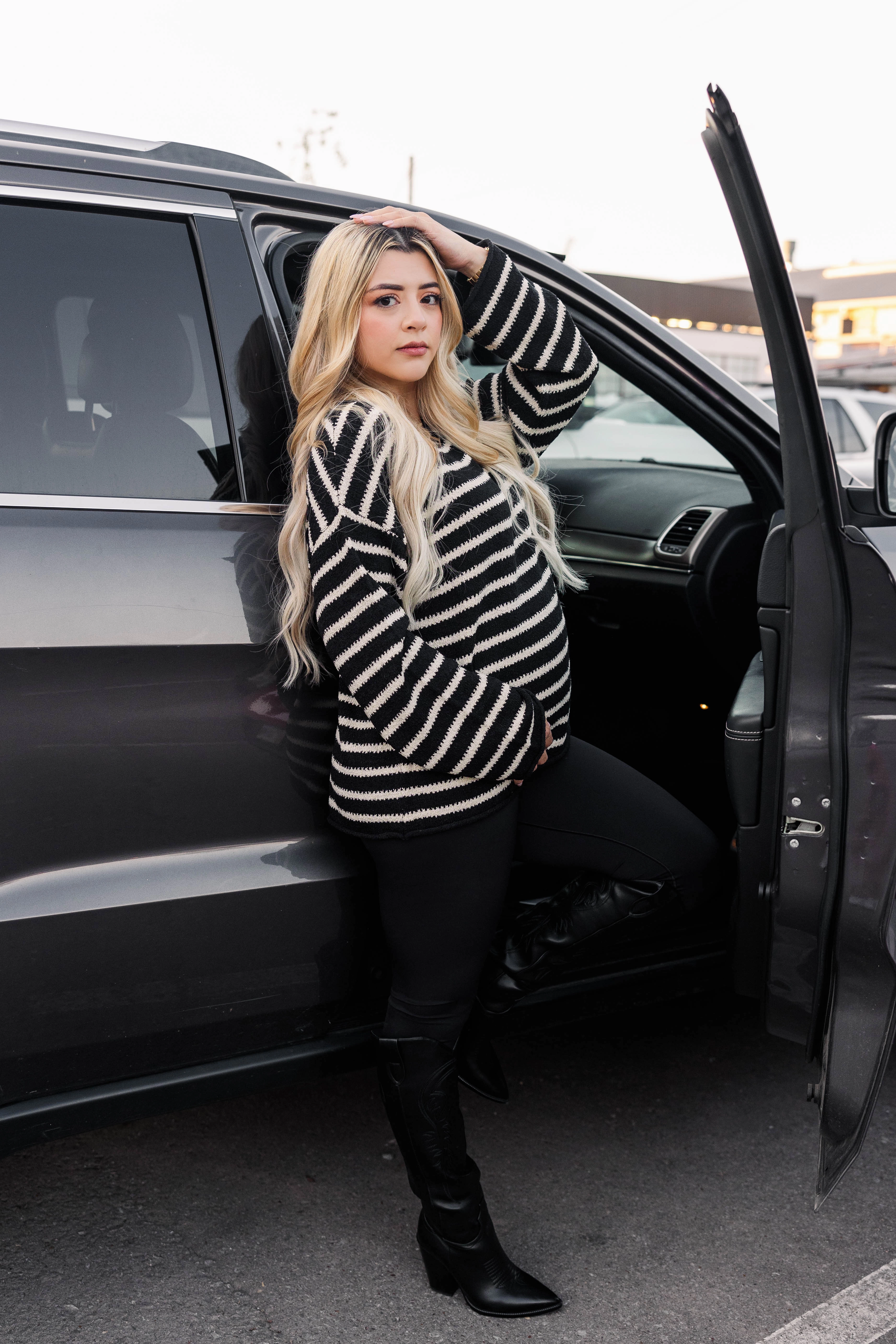 Coastal Stripes Pullover Sweater-Black Flexible Waistband