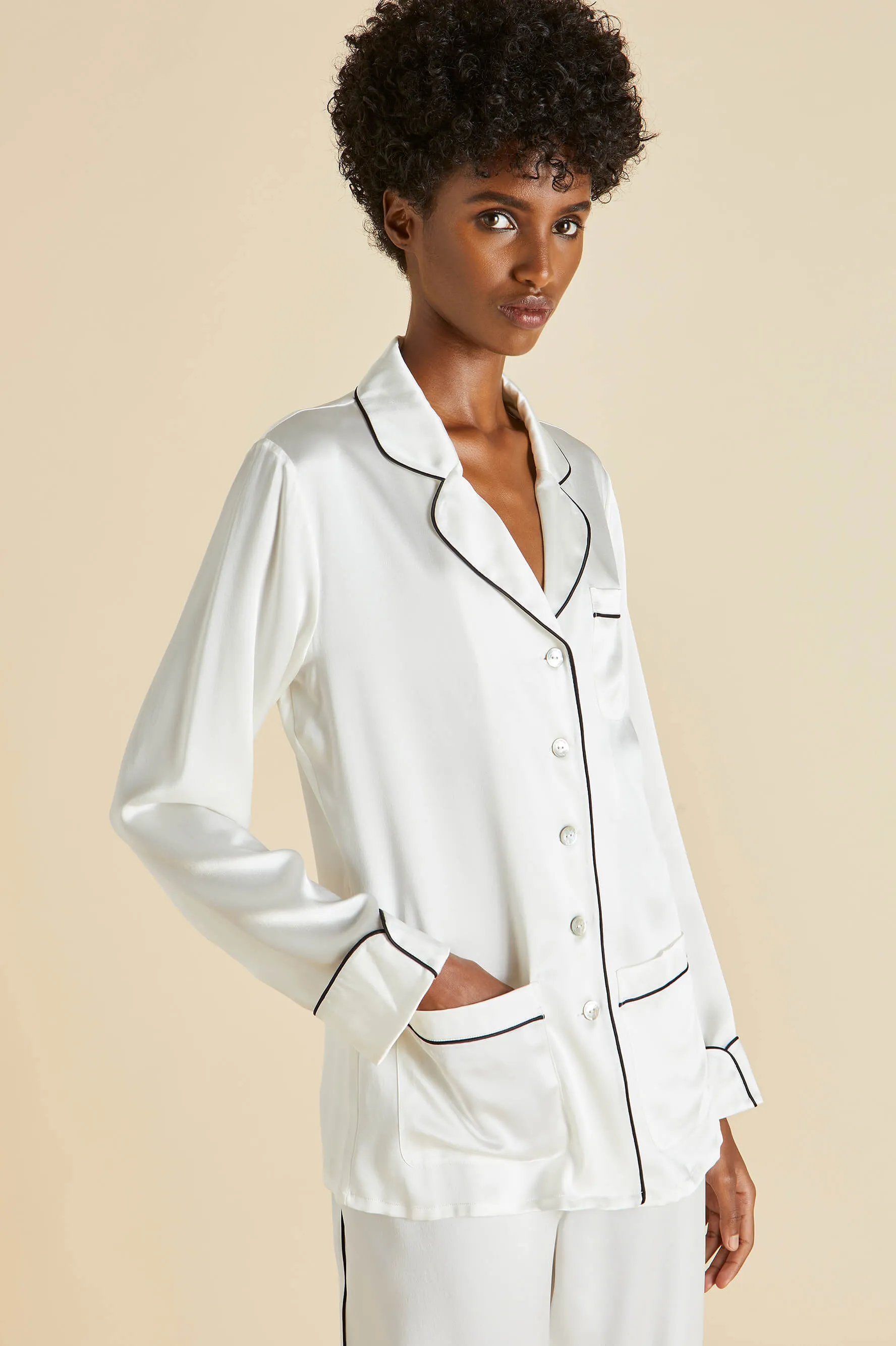Coco Ivory Jet Black Pajamas in Silk Satin