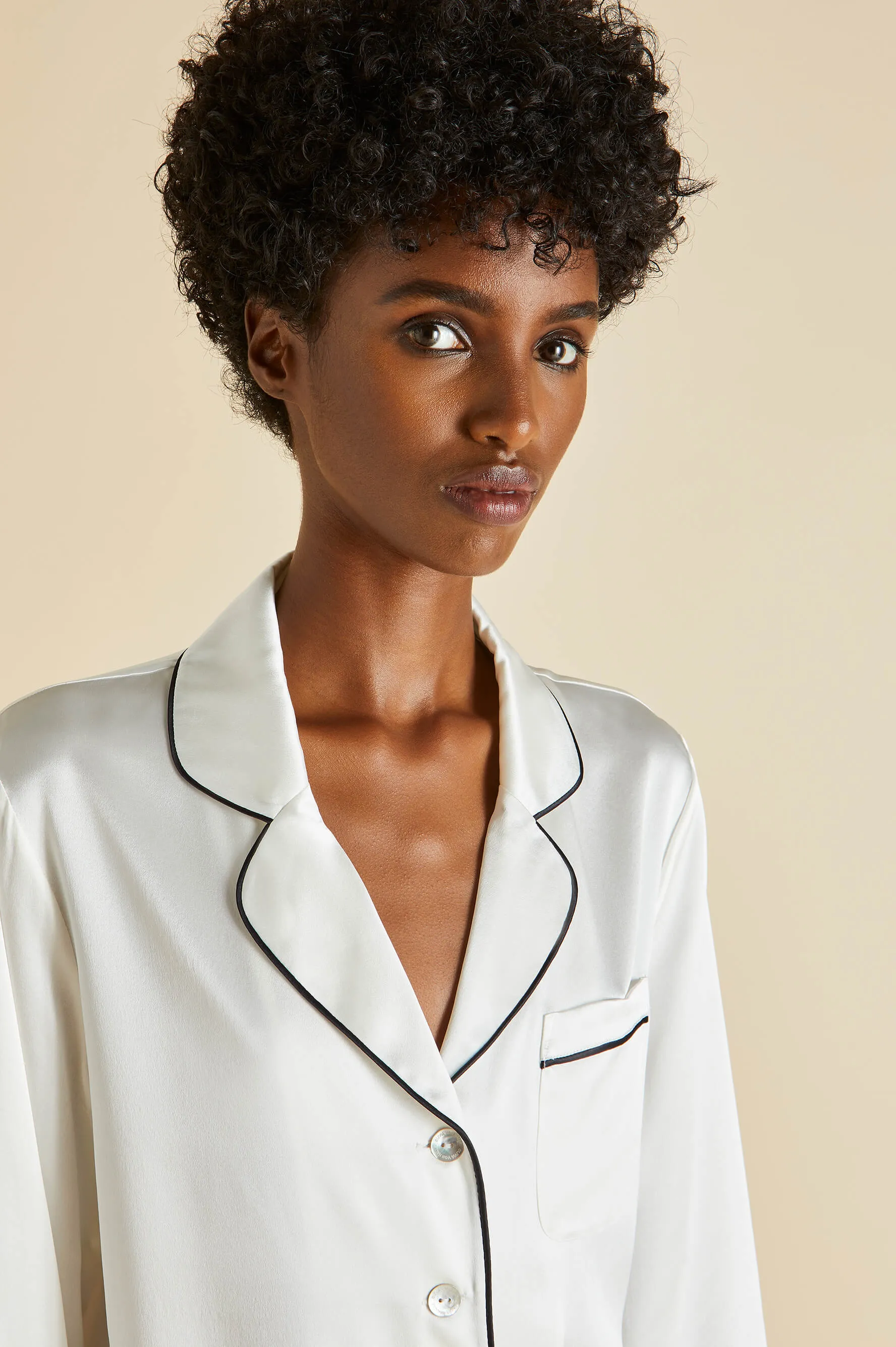 Coco Ivory Jet Black Pajamas in Silk Satin