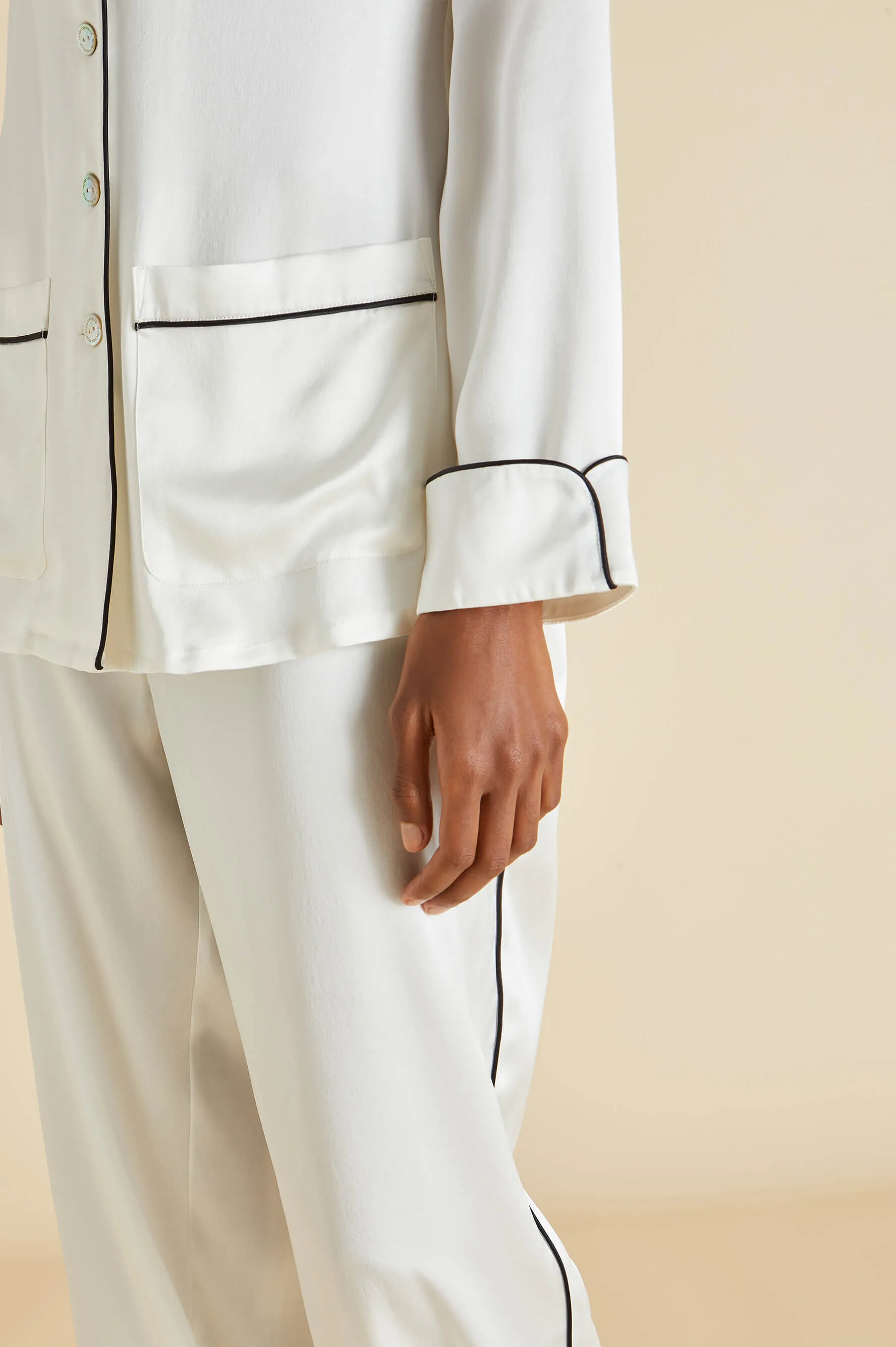 Coco Ivory Jet Black Pajamas in Silk Satin
