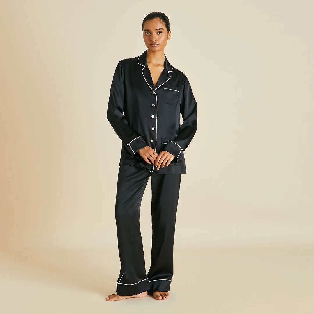 Coco Jet Black Pajamas in Silk Satin