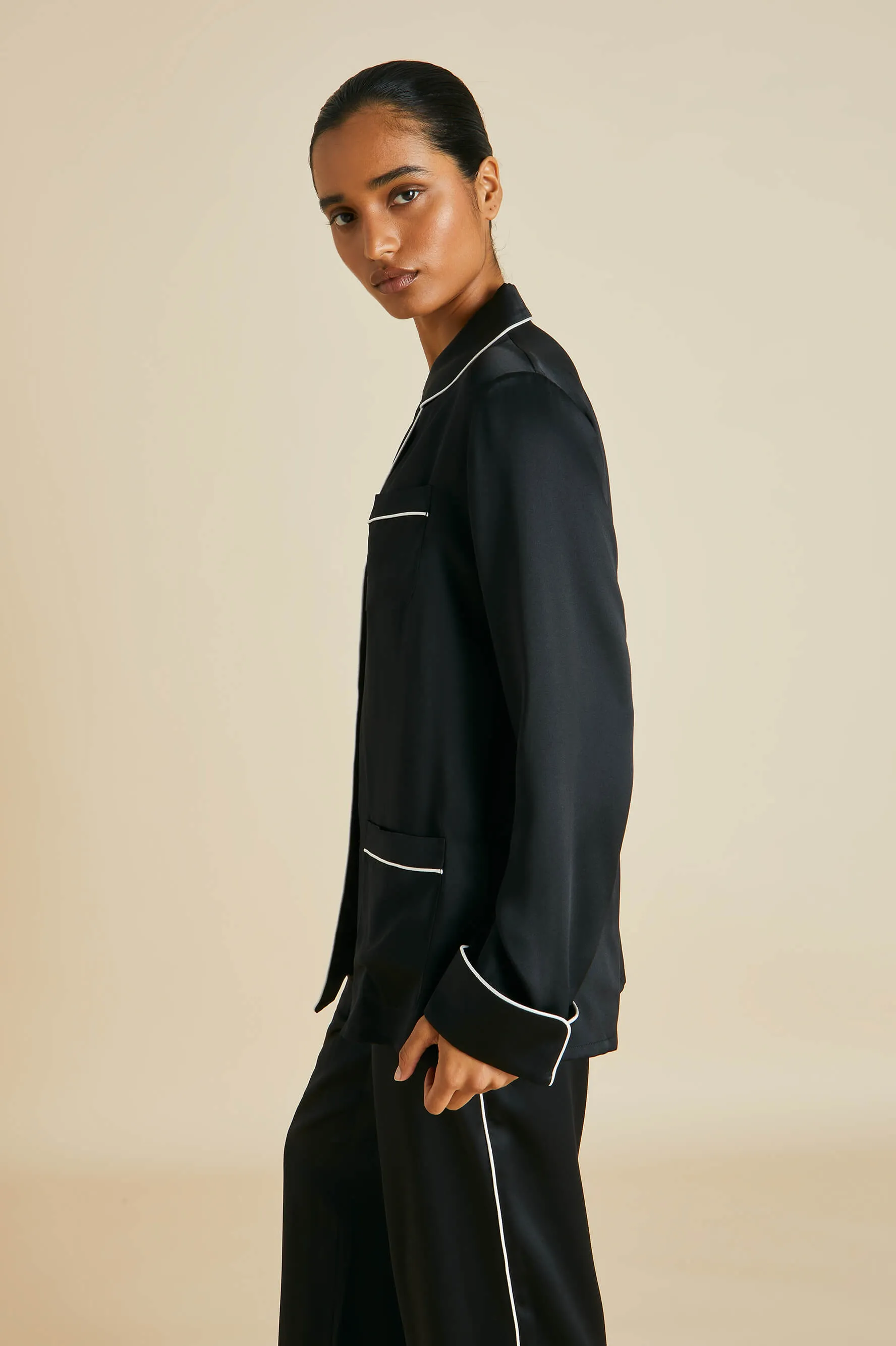 Coco Jet Black Pajamas in Silk Satin