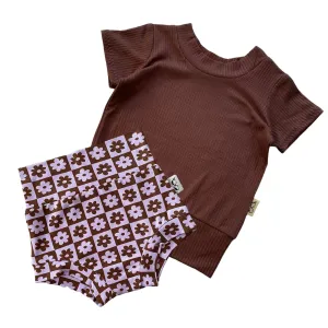 Cocoa Ribbed and Purple & Brown Checkered Floral Summer Lounge Set