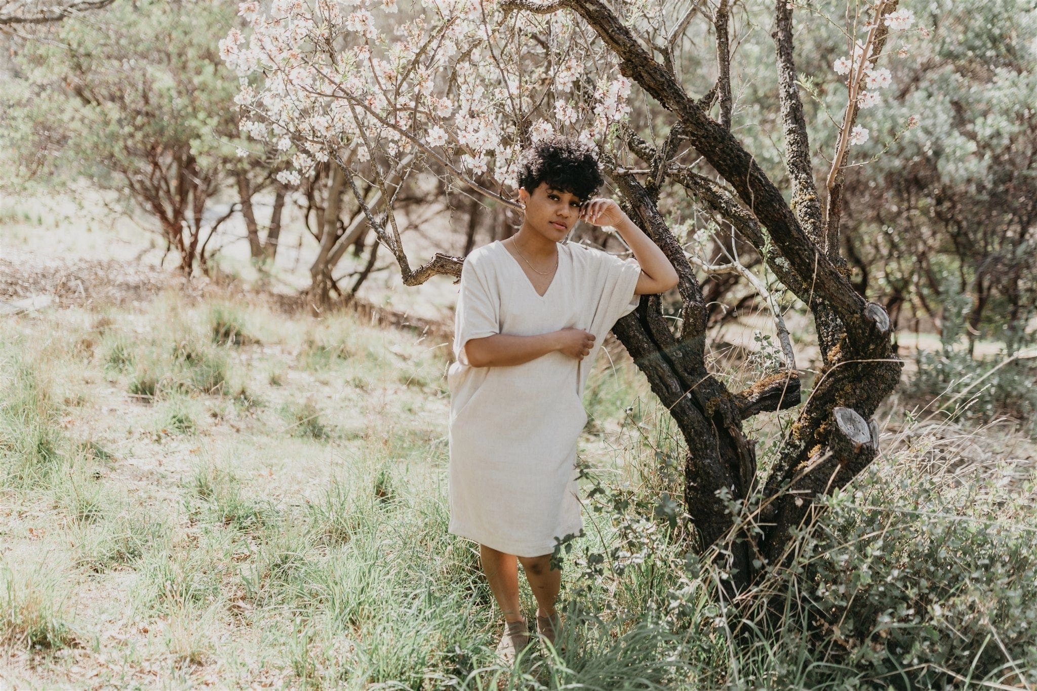 Calm Movement Minimal Aesthetic Cocoon Dress in Oat Linen