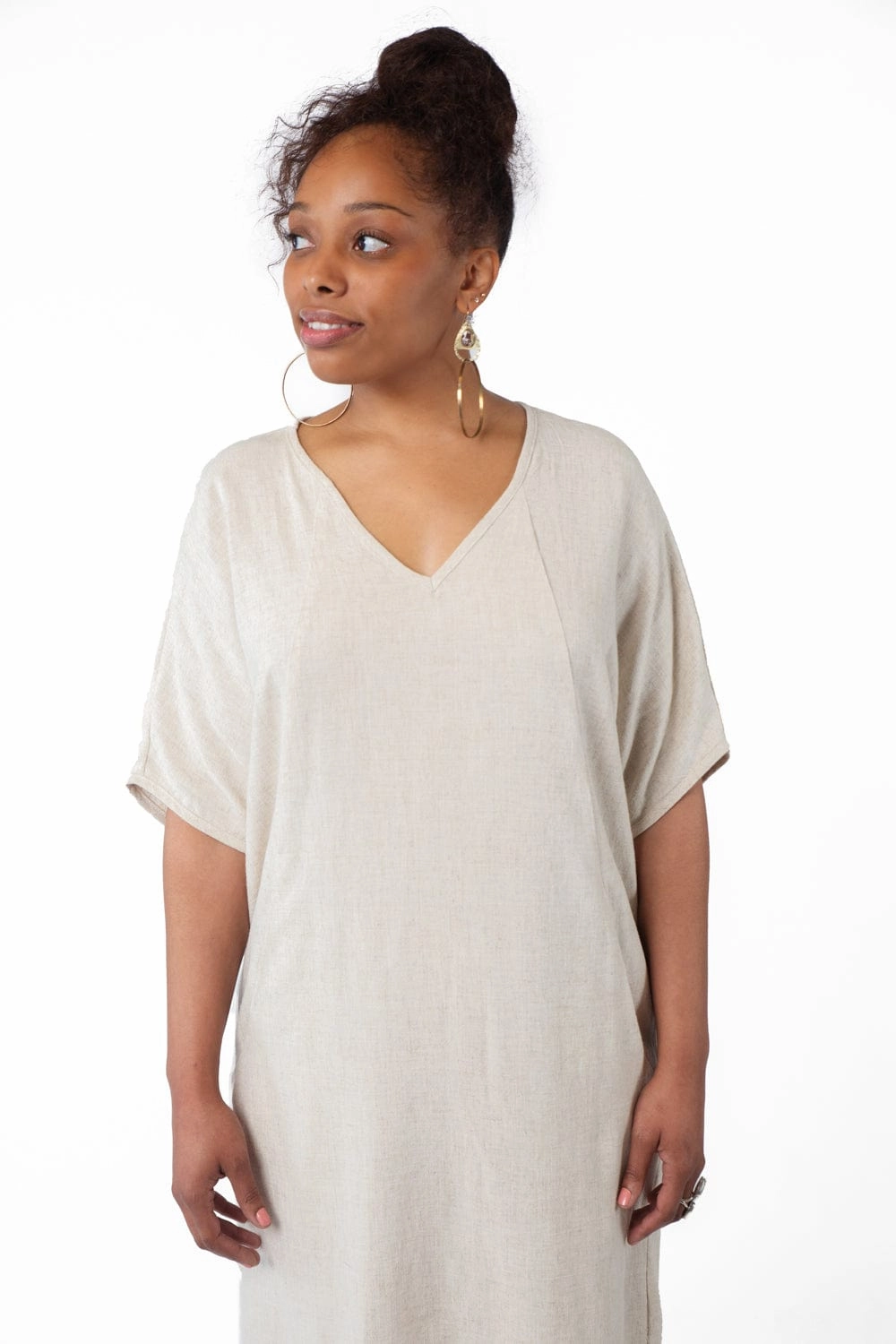 Layered Fit Cozy Tones Cocoon Dress in Oat Linen